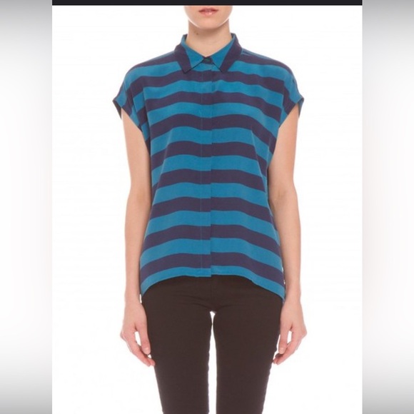 EQUIPMENT Shirt 100%Silk Leandra Button Down Cabana Stripe Cayenne Short Sleeve - Picture 1 of 6